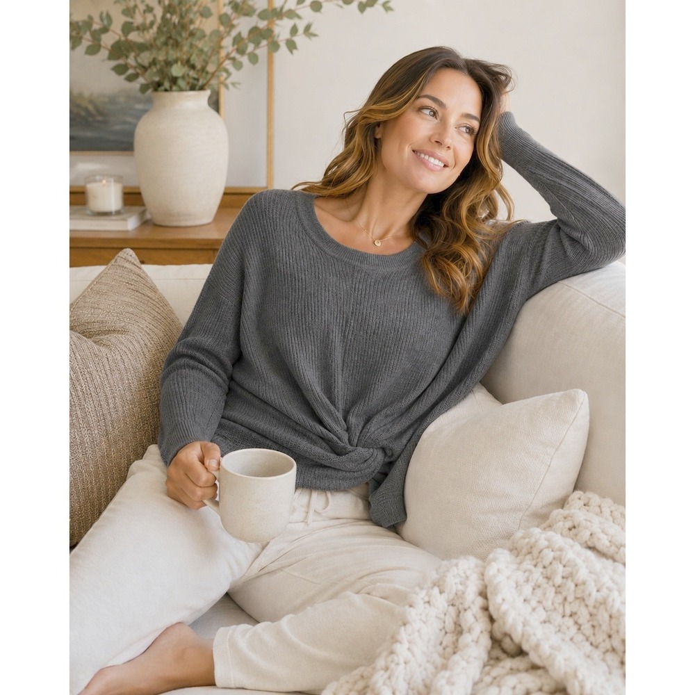 OFFLINE by Aerie Sweater Womens Small Gray Ribbed Twist Front Athleisure